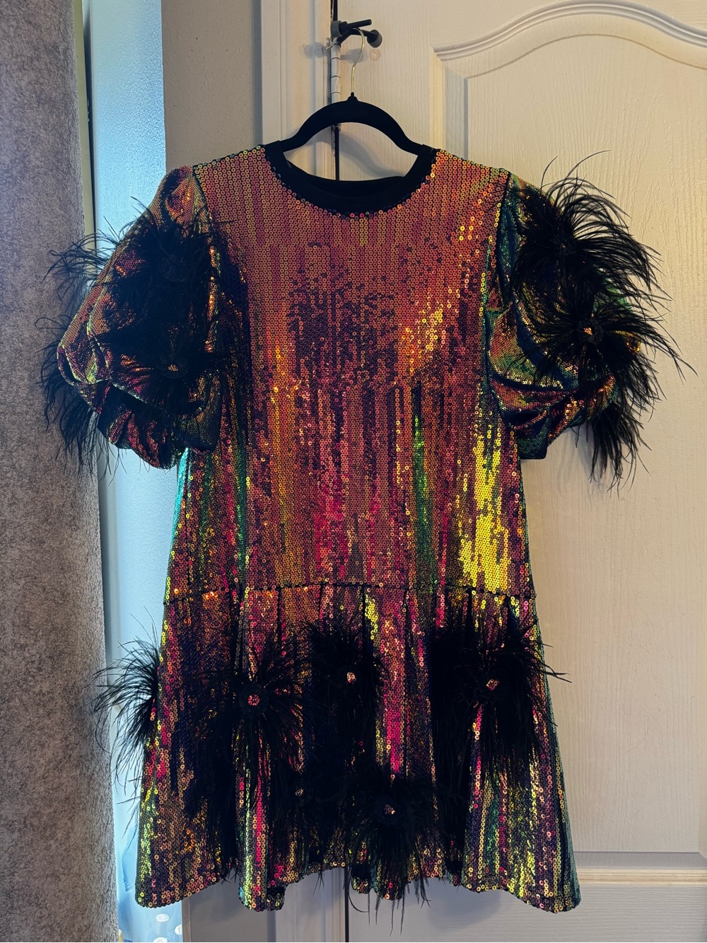 QUEEN OF SPARKLES Multicolor Sequin Dress with Black Feather Trim